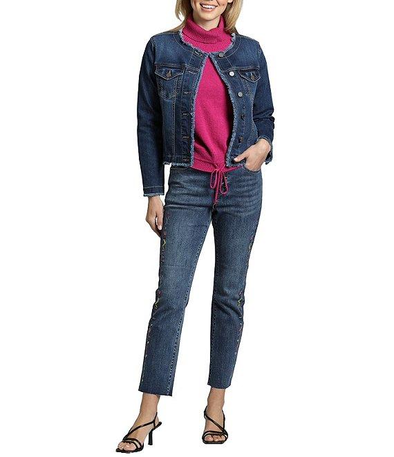 APNY Stretch Collarless Long Sleeve Denim Frayed Jacket Product Image