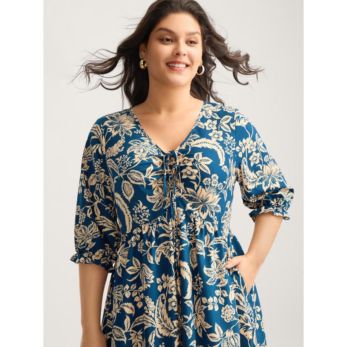 Plus Size Boho Floral Drawstring Pockets Midi Dress Mediumblue Women Resort V-neck Elbow-length sleeve Curvy BloomChic 30/6X Product Image