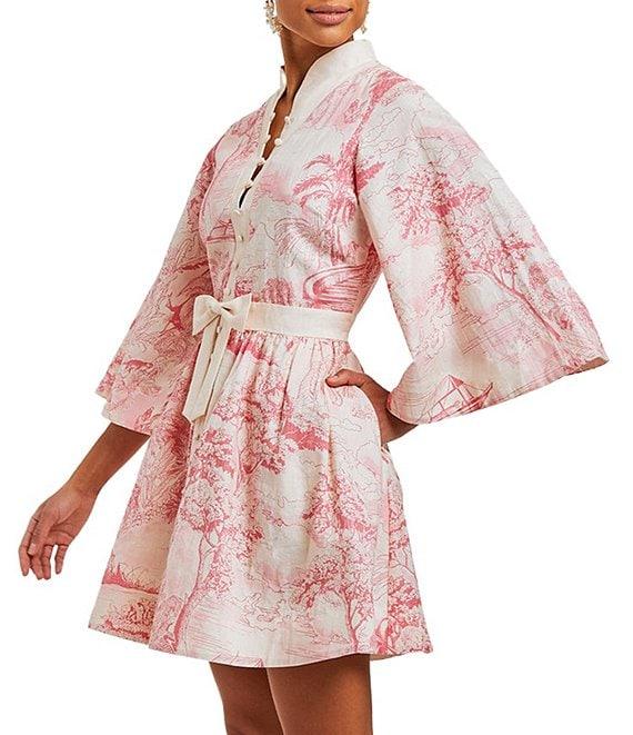 Mestiza New York Carmen Toile Print Button Up Mandarin Collar Butterfly 3/4 Sleeve Bow Tie Waist Mini A-Line Dress Product Image