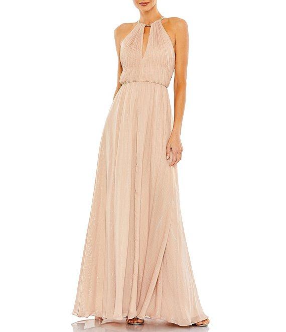 Mac Duggal Chain Trim Keyhole Neck Metallic Chiffon Blouson Gown Product Image