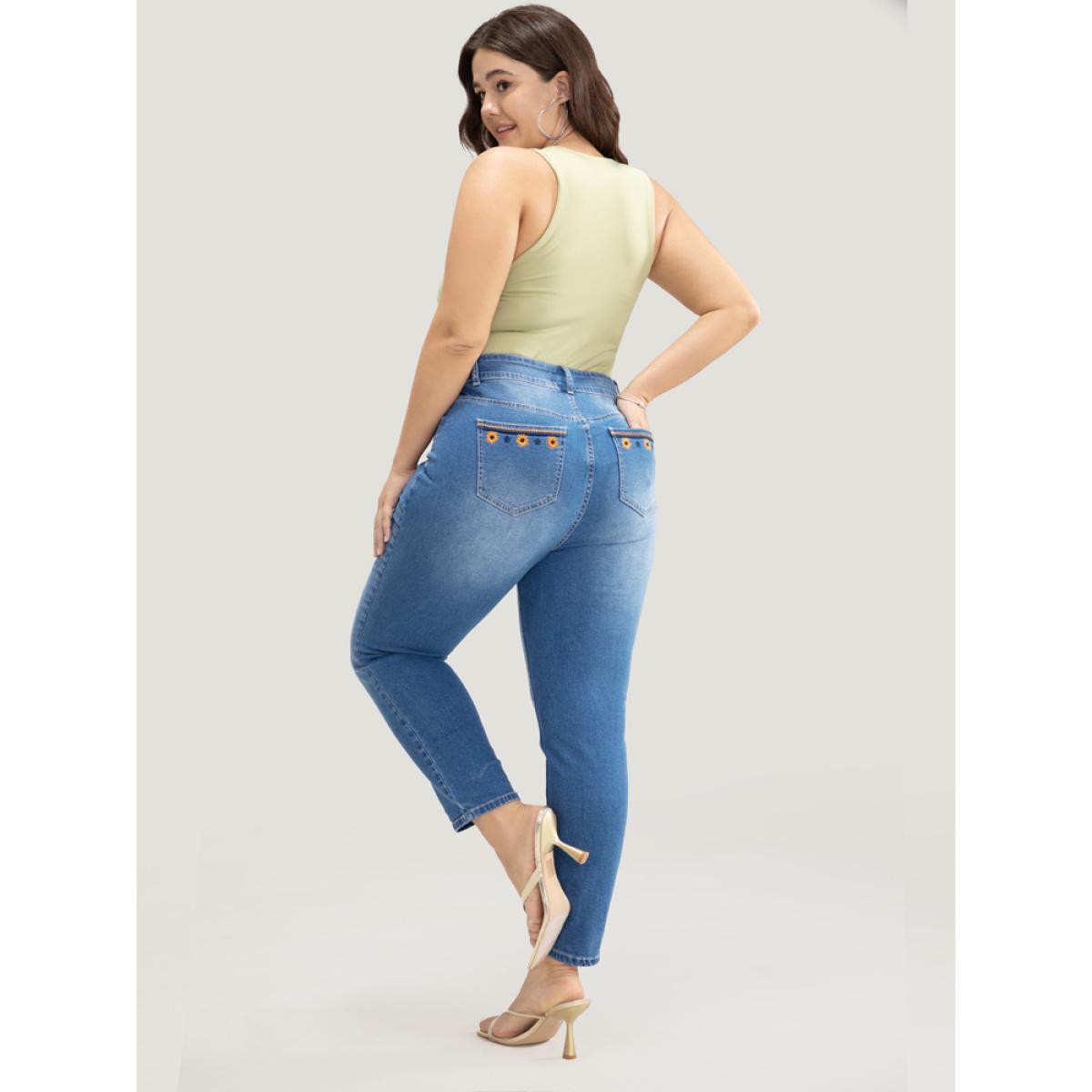 Plus Size Very Stretchy High Rise Medium Wash Floral Embroidered Jeans Women Indigo Casual Plain High stretch Pocket Jeans BloomChic 28/5X Product Image
