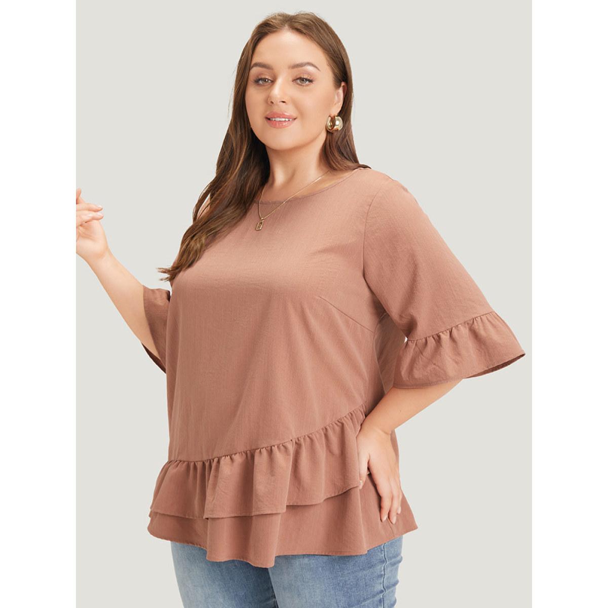Plus Size Rouge Solid Bell Sleeve Ruffle Layered Blouse Women Elegant Half Sleeve Round Neck Dailywear Blouses BloomChic 10/M Product Image