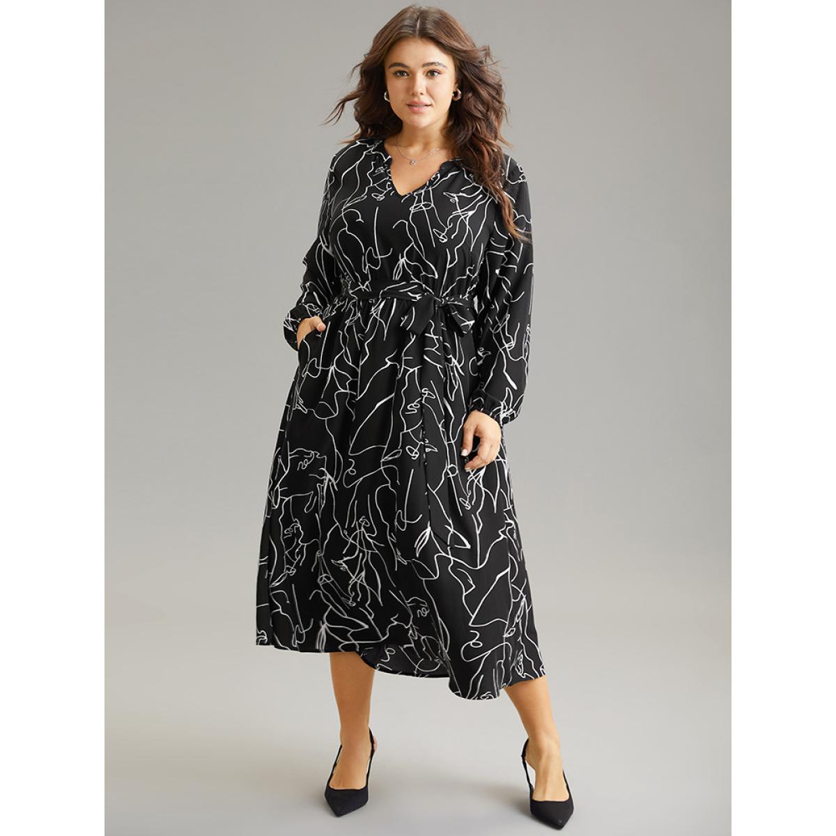 Plus Size Geometric Print Pocket Notched Belted Dress Black Women Elegant Elastic cuffs Notched collar Long Sleeve Curvy Midi Dress BloomChic 14-16/1X Product Image