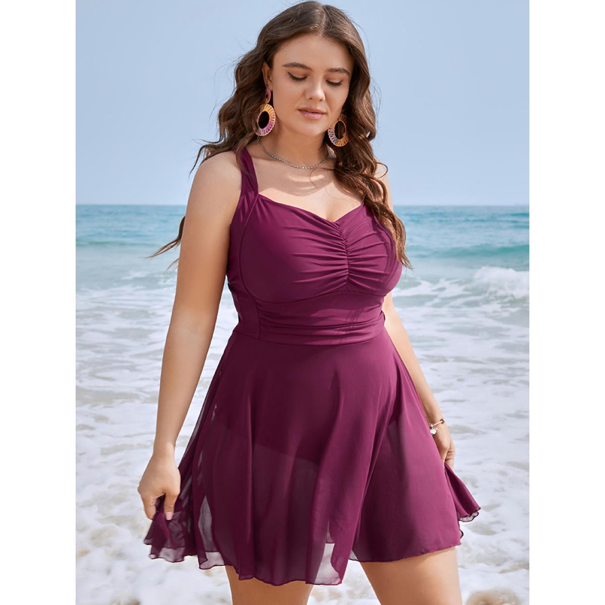 Plus Size Knotted Crossover Ruched Front Ruffles Swim Dress Women's Swimwear Purple Vacation Bodycon Spaghetti Strap High stretch Curve Swim Dresses BloomChic 10/M Product Image