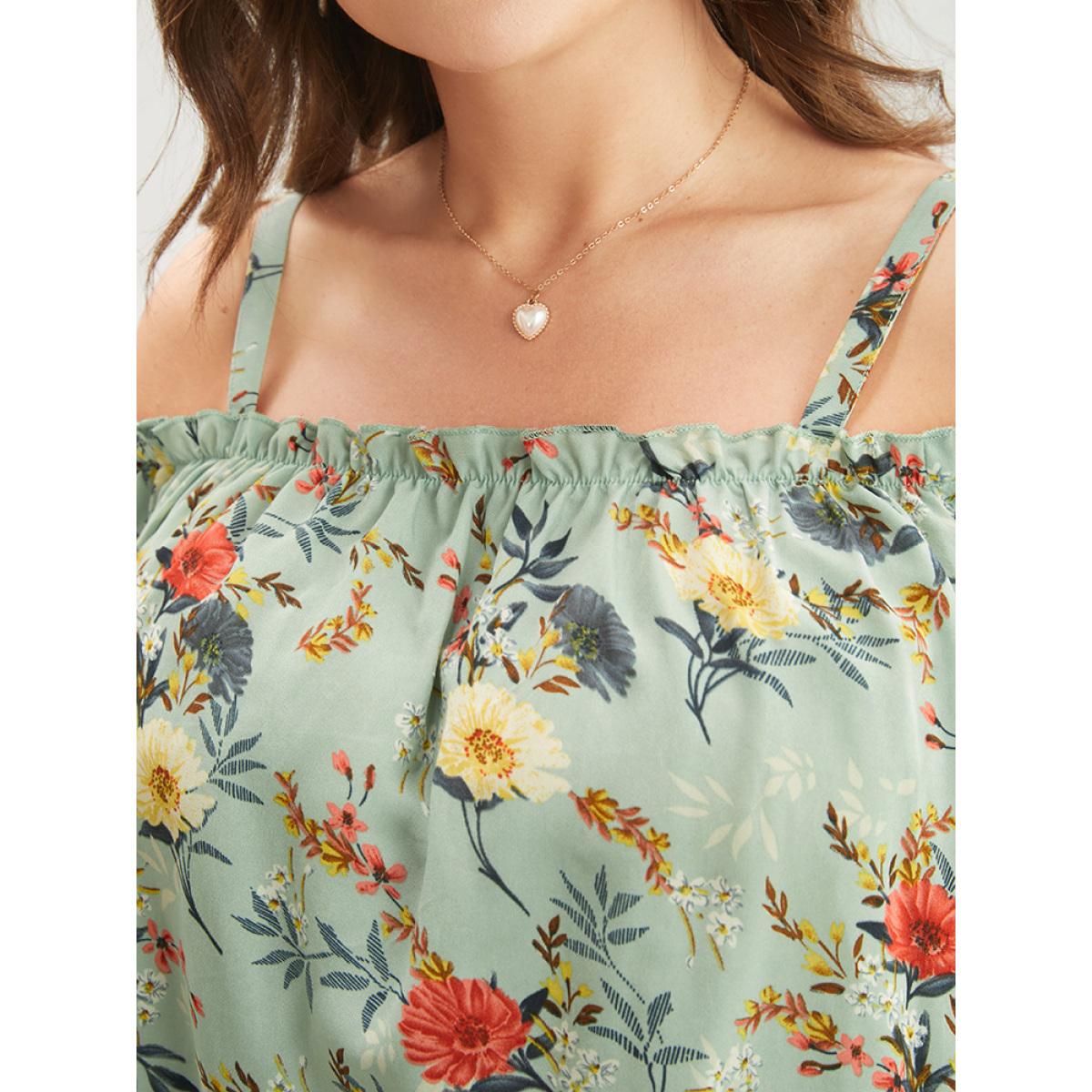 Plus Size Mint Floral Print Lace Insert Ruffles Cold Shoulder Blouse Women Elegant Short sleeve Cold Shoulder Dailywear Blouses BloomChic 14-16/1X Product Image