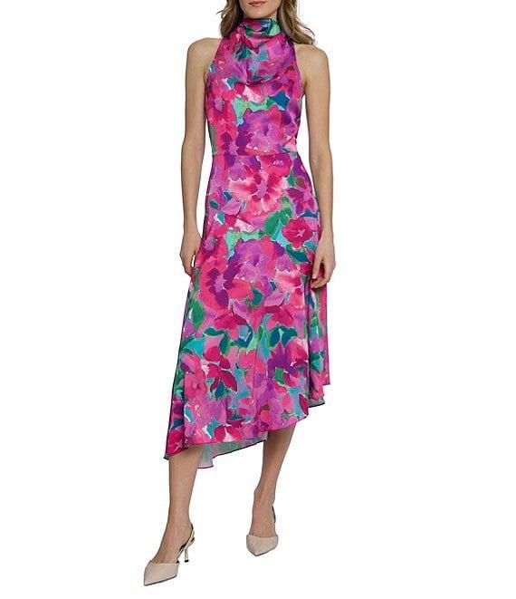 Maggy London Charmeuse Floral Cowl Mock Neck Sleeveless Asymmetrical Hem Midi Dress Product Image