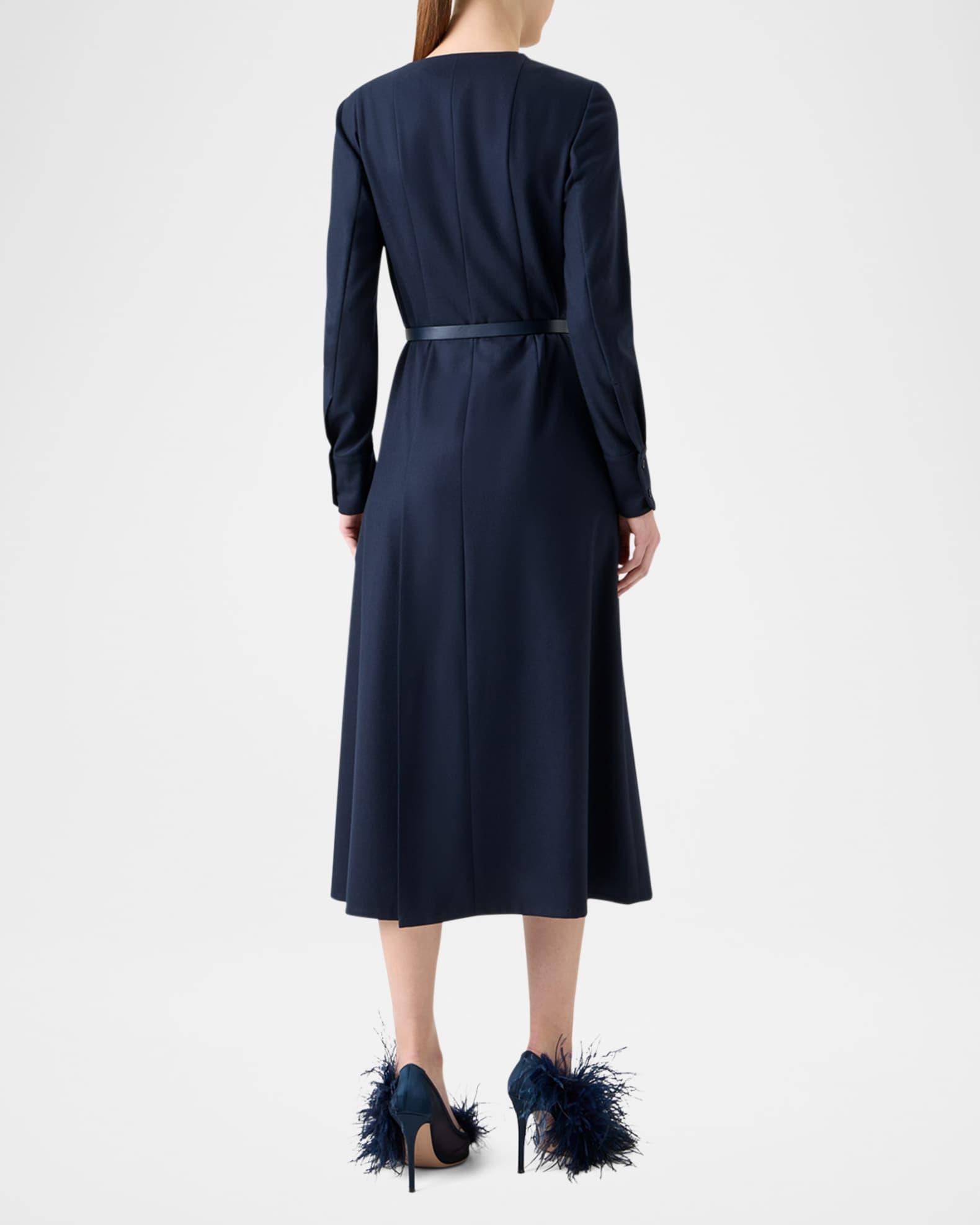 Pleated Wool Stretch Flannel Midi Dress With Belt Product Image
