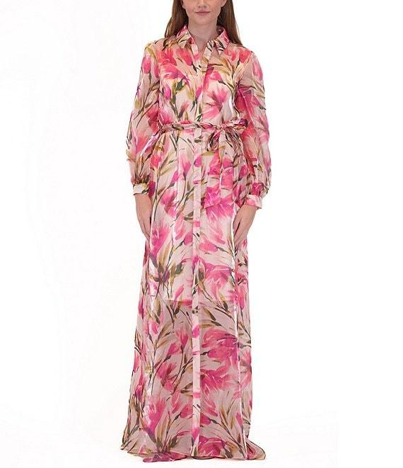 Julia Jordan Floral Print Chiffon Point Collar Neck Belted Button Front Maxi Shirt Dress Product Image