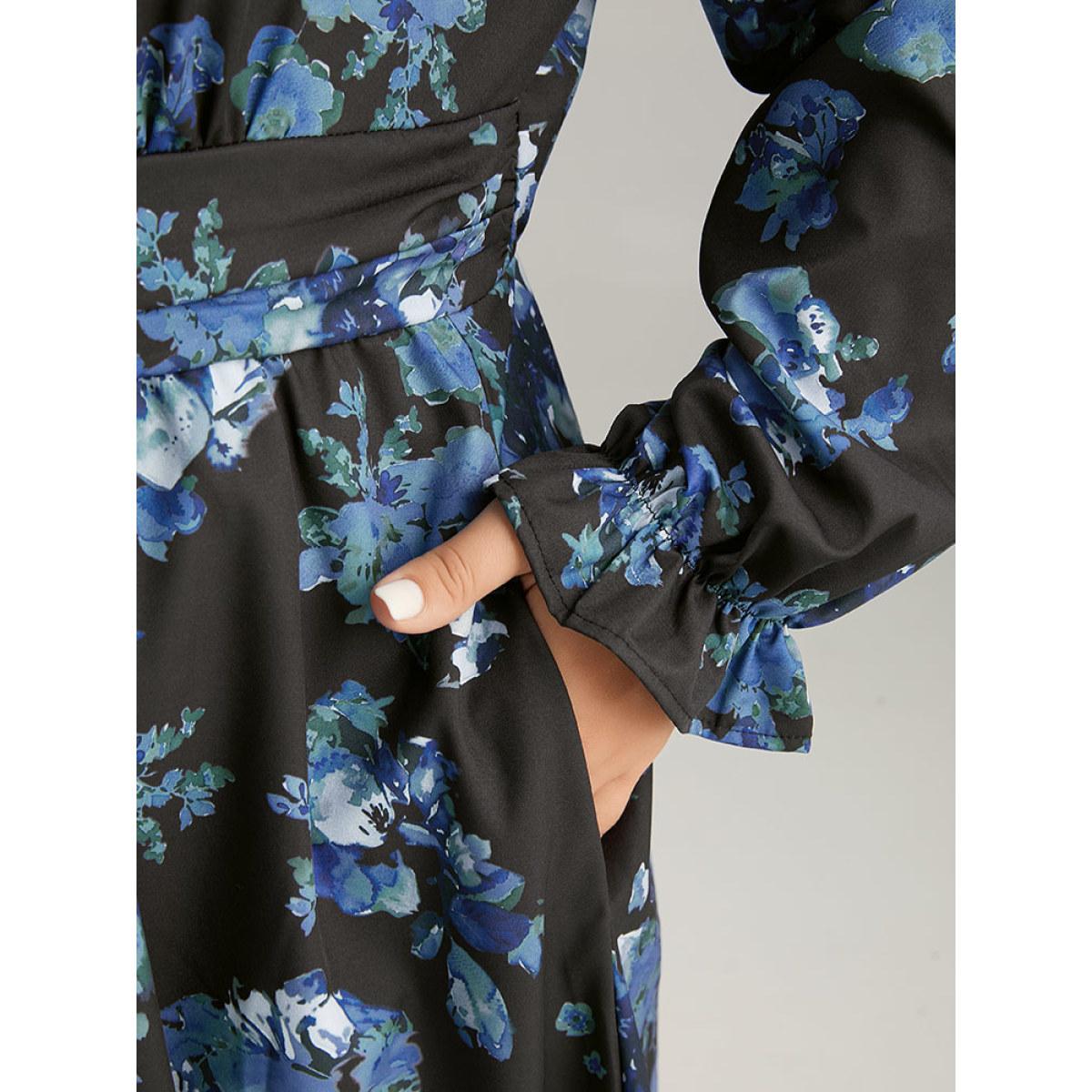 Plus Size Silhouette Floral Print Wrap Pocket Dress Black Women Elegant Gathered V-neck Long Sleeve Curvy Midi Dress BloomChic 12/L Product Image