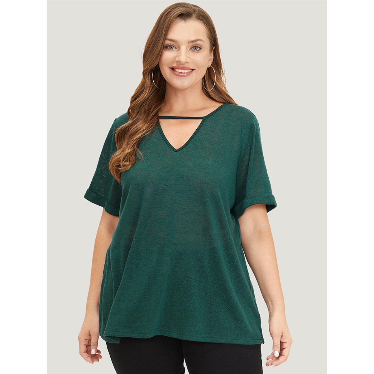 Plus Size Solid Keyhole Mesh Cuffed Sleeve T-shirt DarkGreen Women Casual See through Plain Keyhole Cut-Out Dailywear T-shirts BloomChic 26/4X Product Image