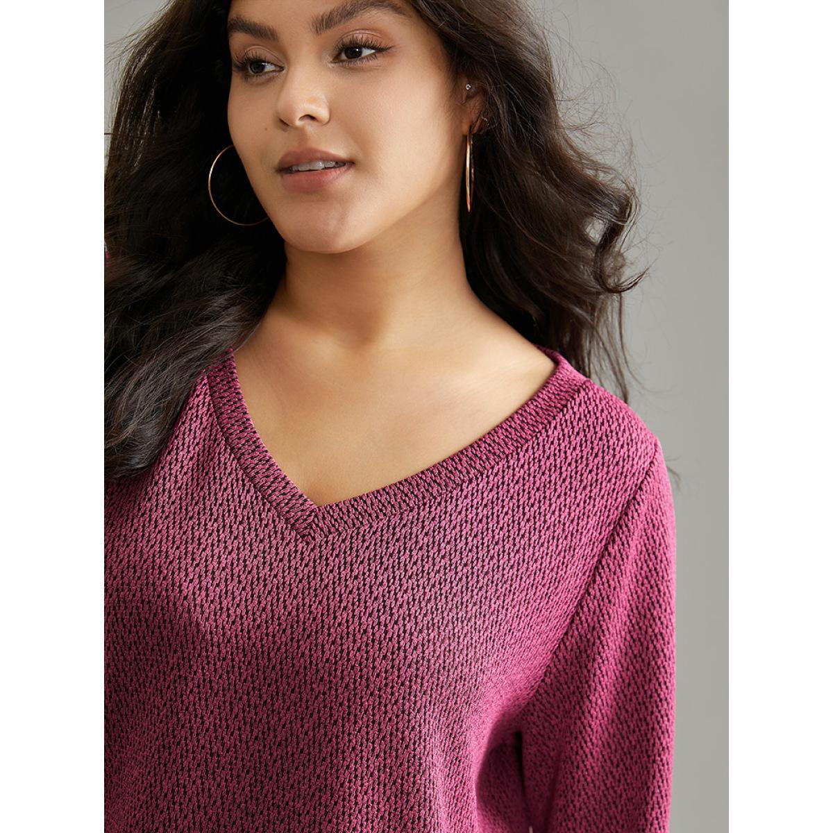 Plus Size Solid Plisse Elastic Cuffs V Neck Sweatshirt Women RedViolet Casual Texture V-neck Dailywear Sweatshirts BloomChic 30/6X Product Image
