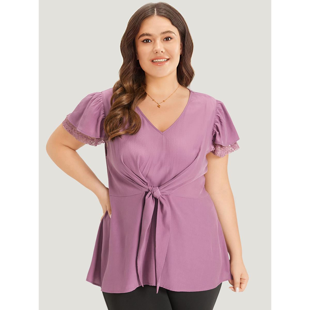 Plus Size Mauve Supersoft Essentials Solid Guipure Lace V Neck Twist Front Blouse Women Elegant Cap Sleeve V-neck Dailywear Blouses BloomChic 10/M Product Image