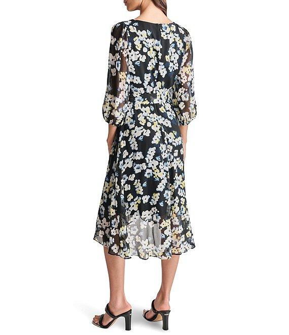 DKNY by Donna Karan V-neck 3/4 Sleeve Floral Print Faux Wrap Midi Dress Product Image