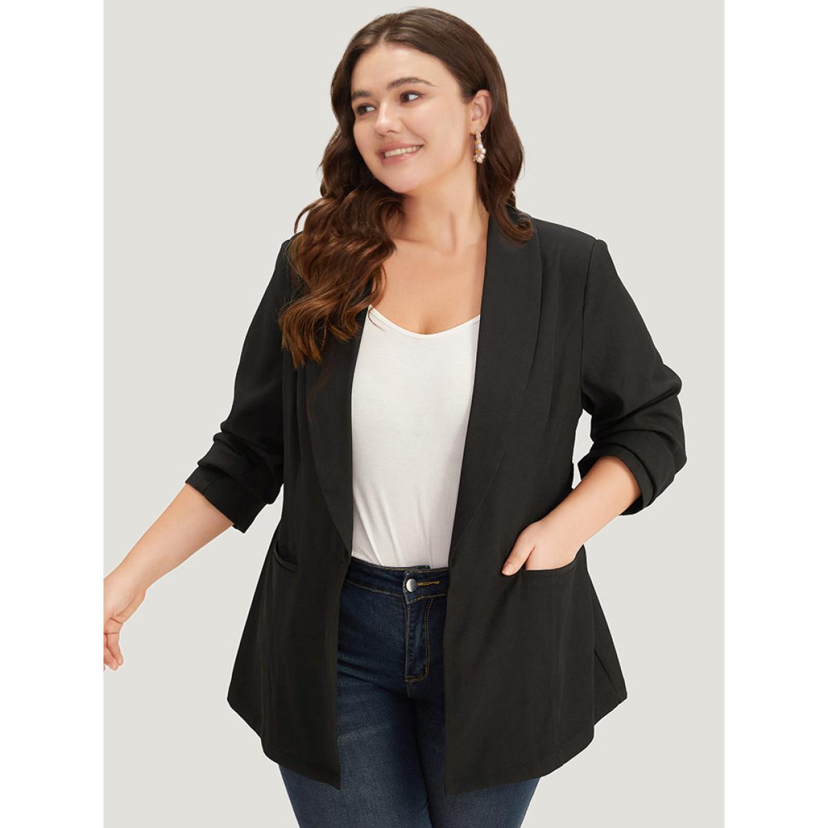 Plus Size Plain Ties Pocket Belted Lapel Collar Blazer Black Women Office Plain Plain Sleeve Long Sleeve Lapel Collar 26/4X Pocket Belt Workwear Essentials Blazers BloomChic Product Image