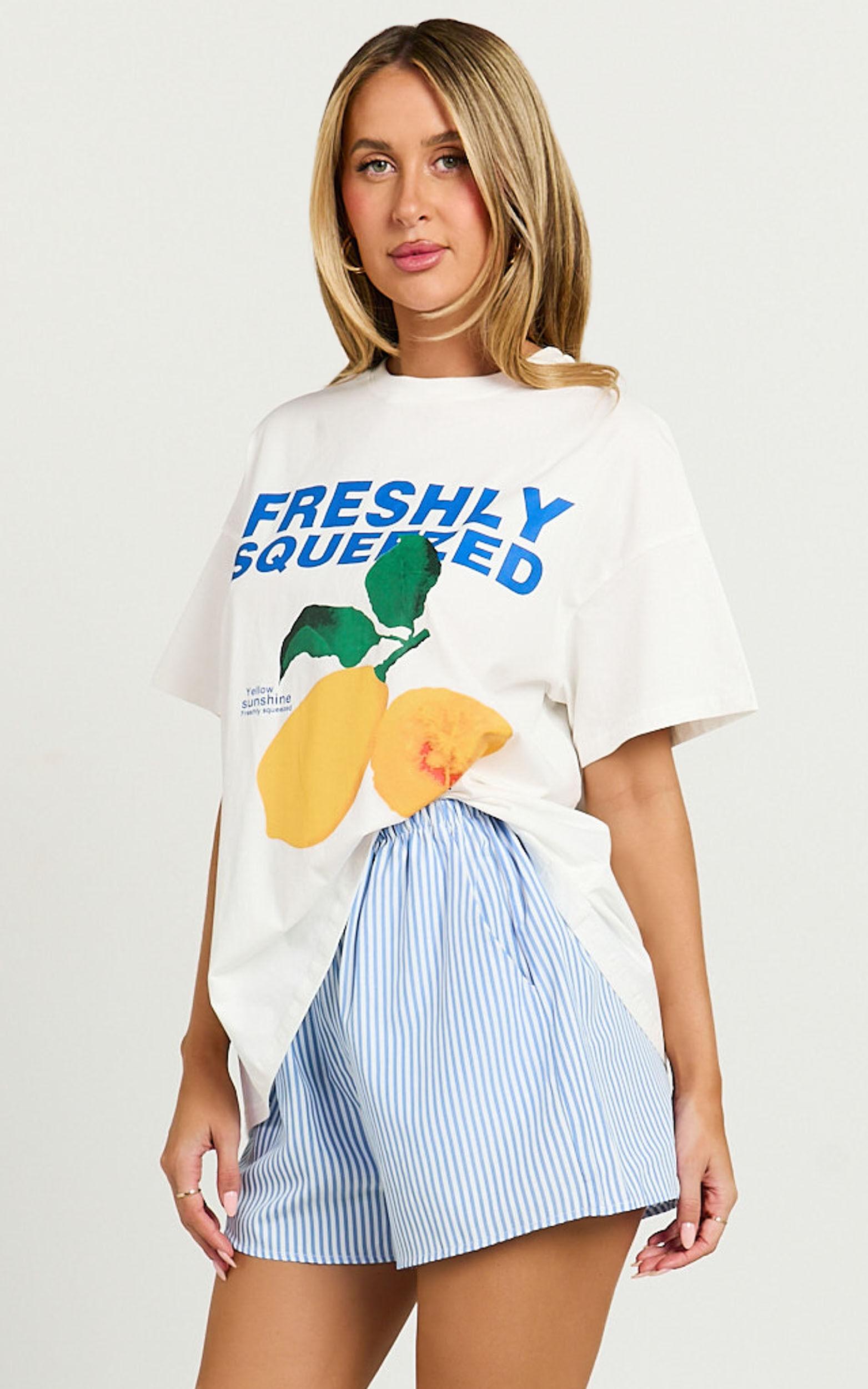Gwen Two Piece Top and Shorts Set - Freshly Squeezed T-shirt Set in White/Blue Product Image