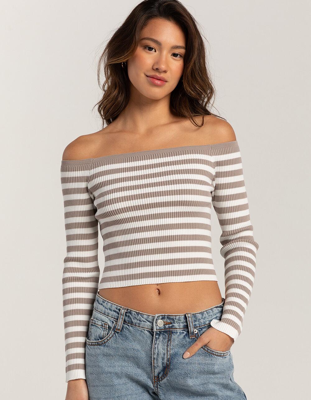 RSQ Womens Stripe Off The Shoulder Long Sleeve Top - TAN COMBO Product Image