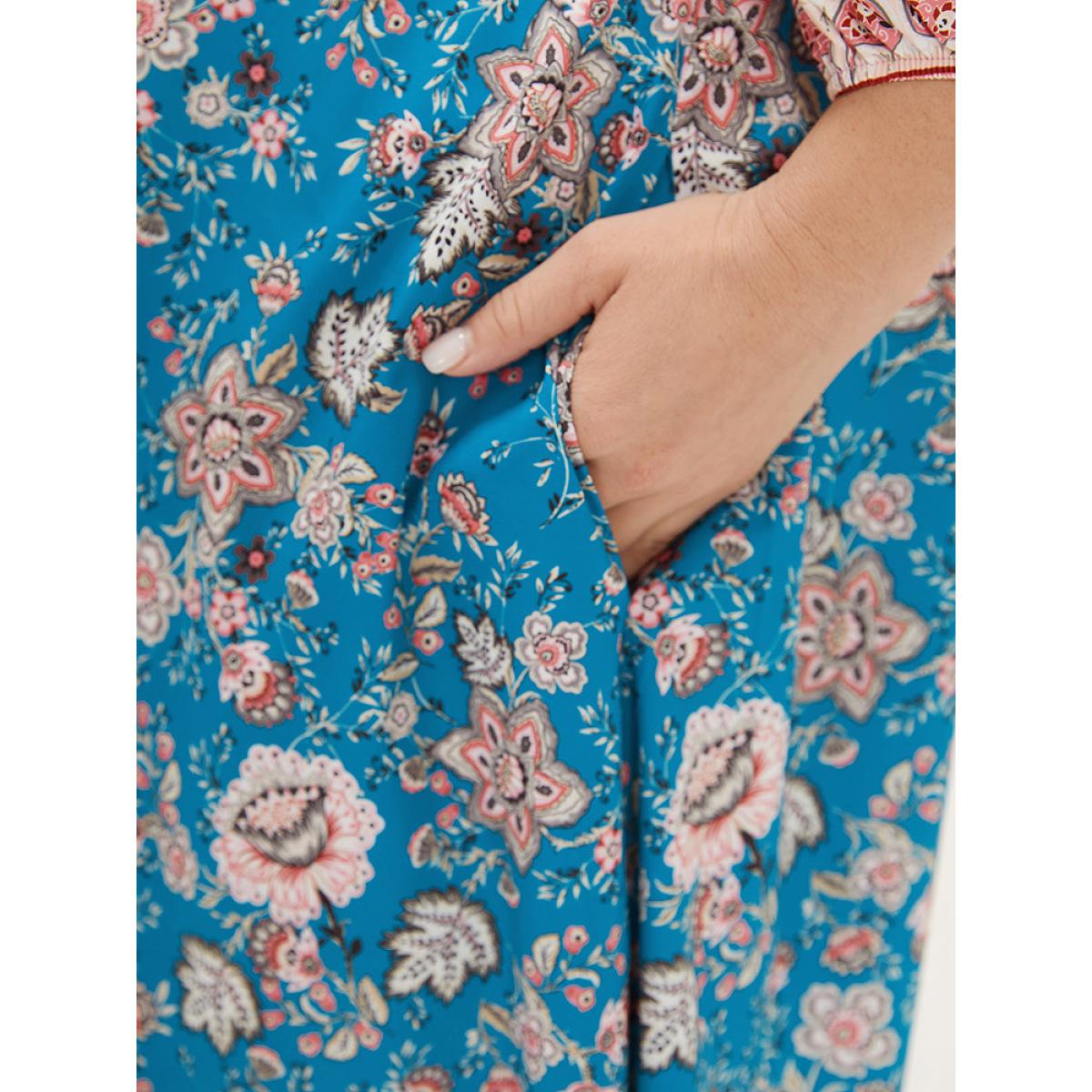 Plus Size Floral Print Notched Lantern Sleeve Contrast Dress Teal Women Vacation Elastic cuffs Notched collar Long Sleeve Curvy Midi Dress BloomChic 14-16/1X Product Image