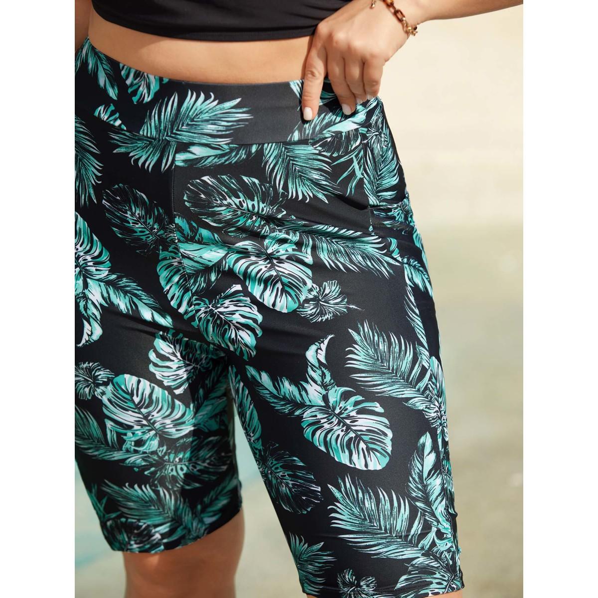 Plus Size Tropical Leaf Print Pocket Swim Bottoms Women's Swimwear Black Beach High stretch Skinny High Rise Side seam pocket Curve Swim Bottoms BloomChic 26/4X Product Image