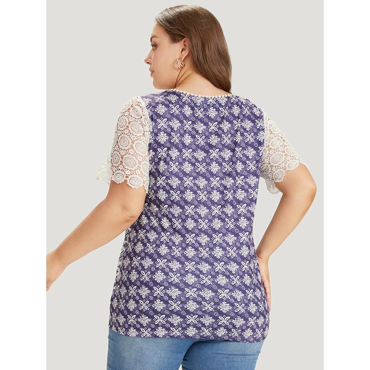 Plus Size Bandana Print Lace Patchwork Pompom Trim T-shirt DarkBlue Women Elegant Lace Bohemian Print Round Neck Dailywear T-shirts BloomChic 12/L Product Image