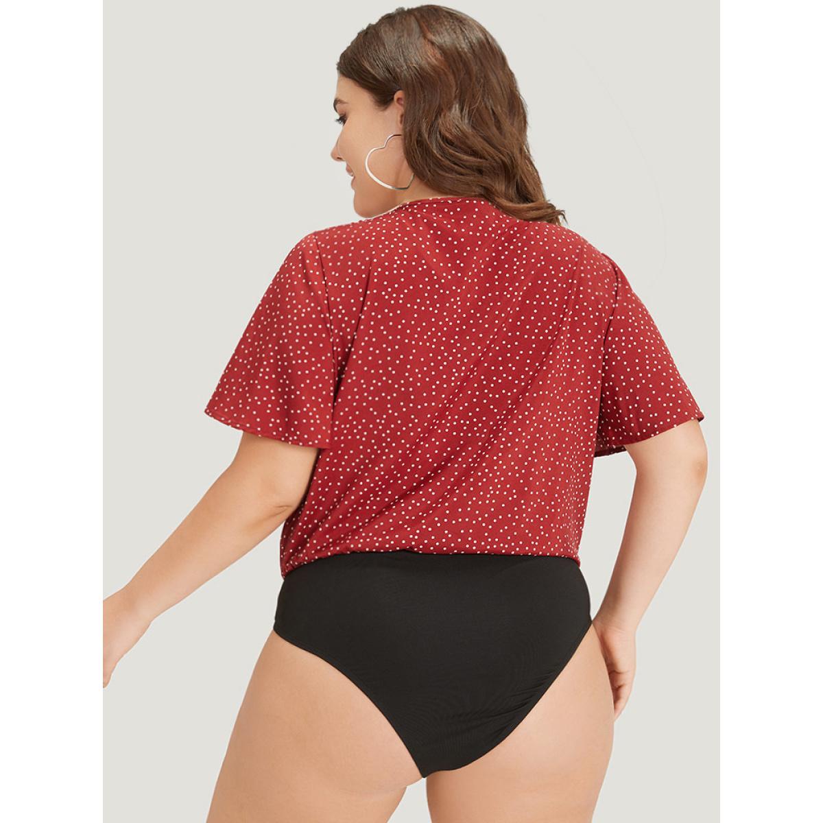 Plus Size Polka Dot Elastic Waist Plicated Detail Ruffle Sleeve Bodysuit Women Red Polka Dot Pleated Bodysuits BloomChic 30/6X Product Image
