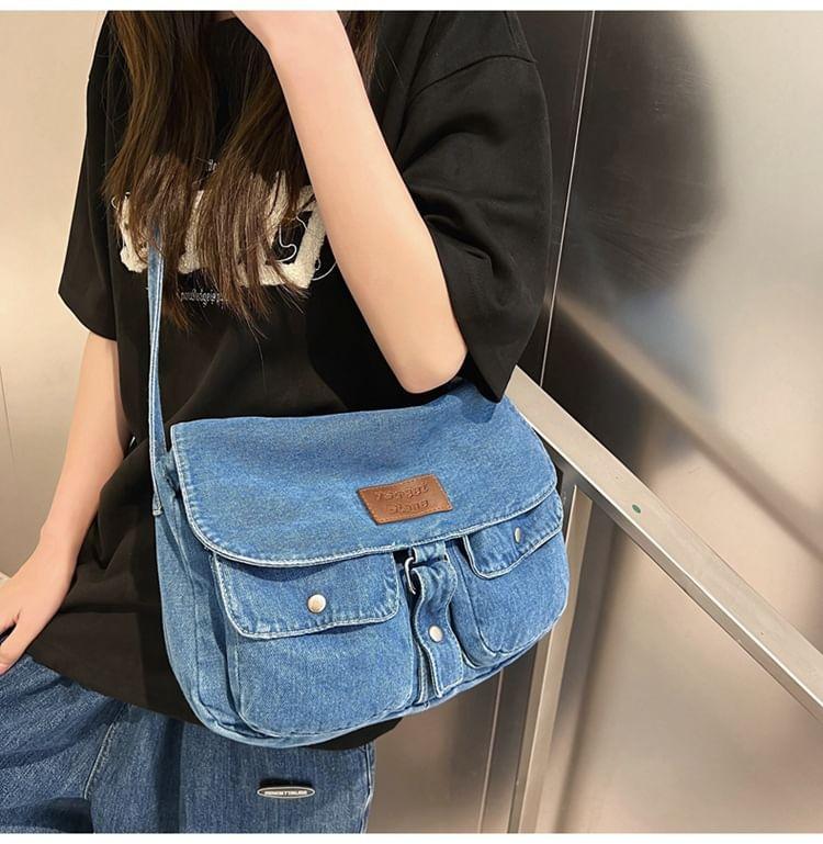 Multi-Pocket Applique Denim Messenger Bag Product Image