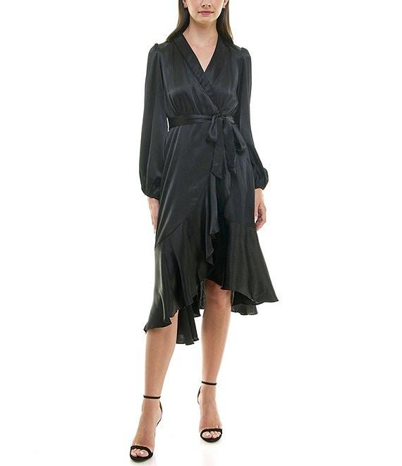 Moda Tara Satin V Neck Long Sleeve Tie Sash Asymmetrical Hemline Wrap Midi Dress Product Image