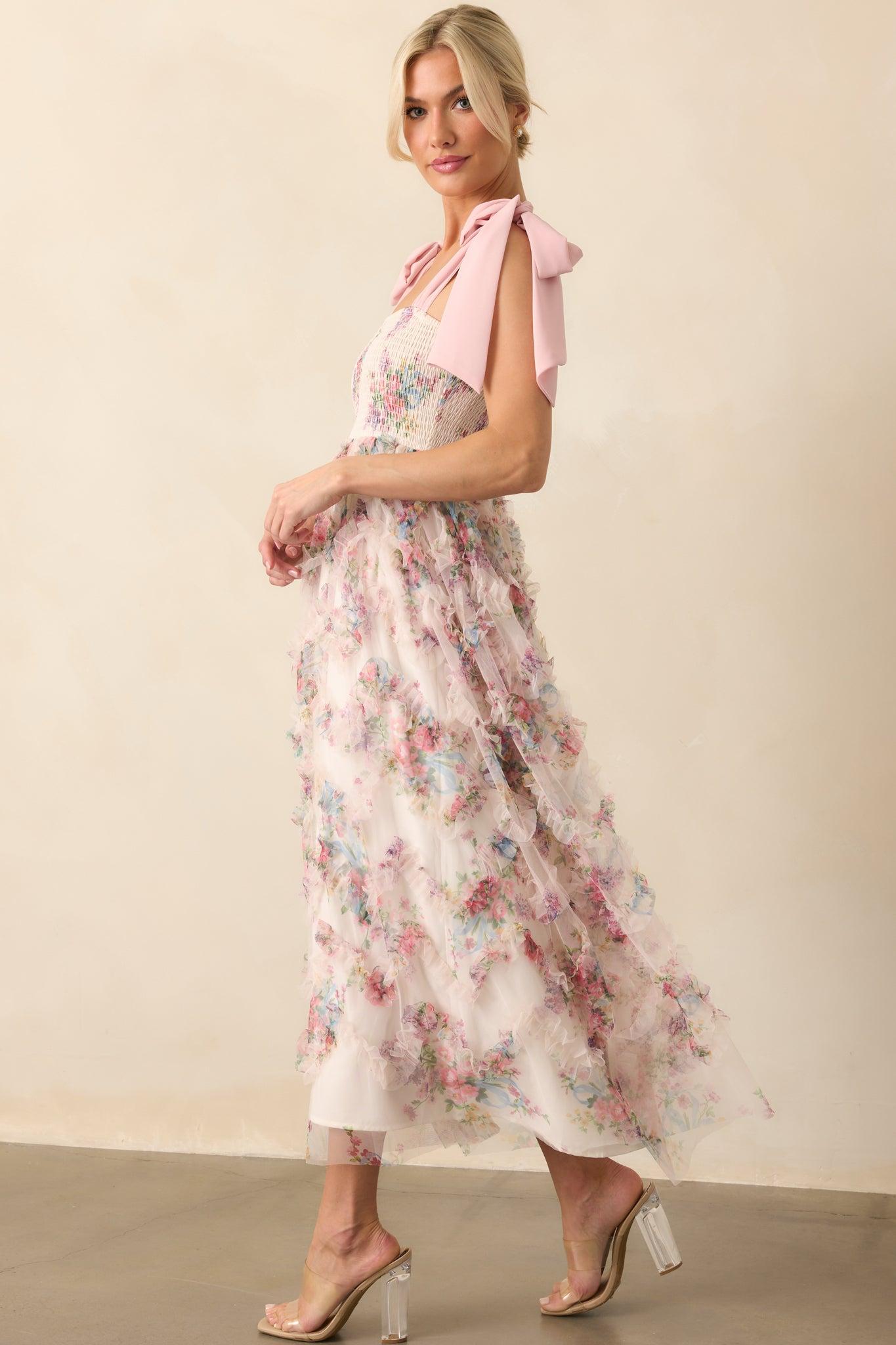 As Luck Would Have It Light Pink Floral Print Ruffle Maxi Dress Product Image