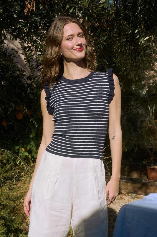 Stripe Ruffle Trim Sleeveless Sweater Tank Product Image