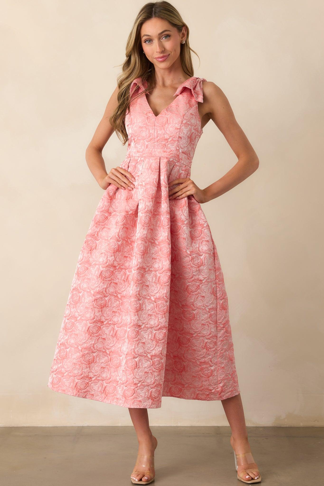 Margaret Pink Coral Floral Jacquard Midi Dress Product Image