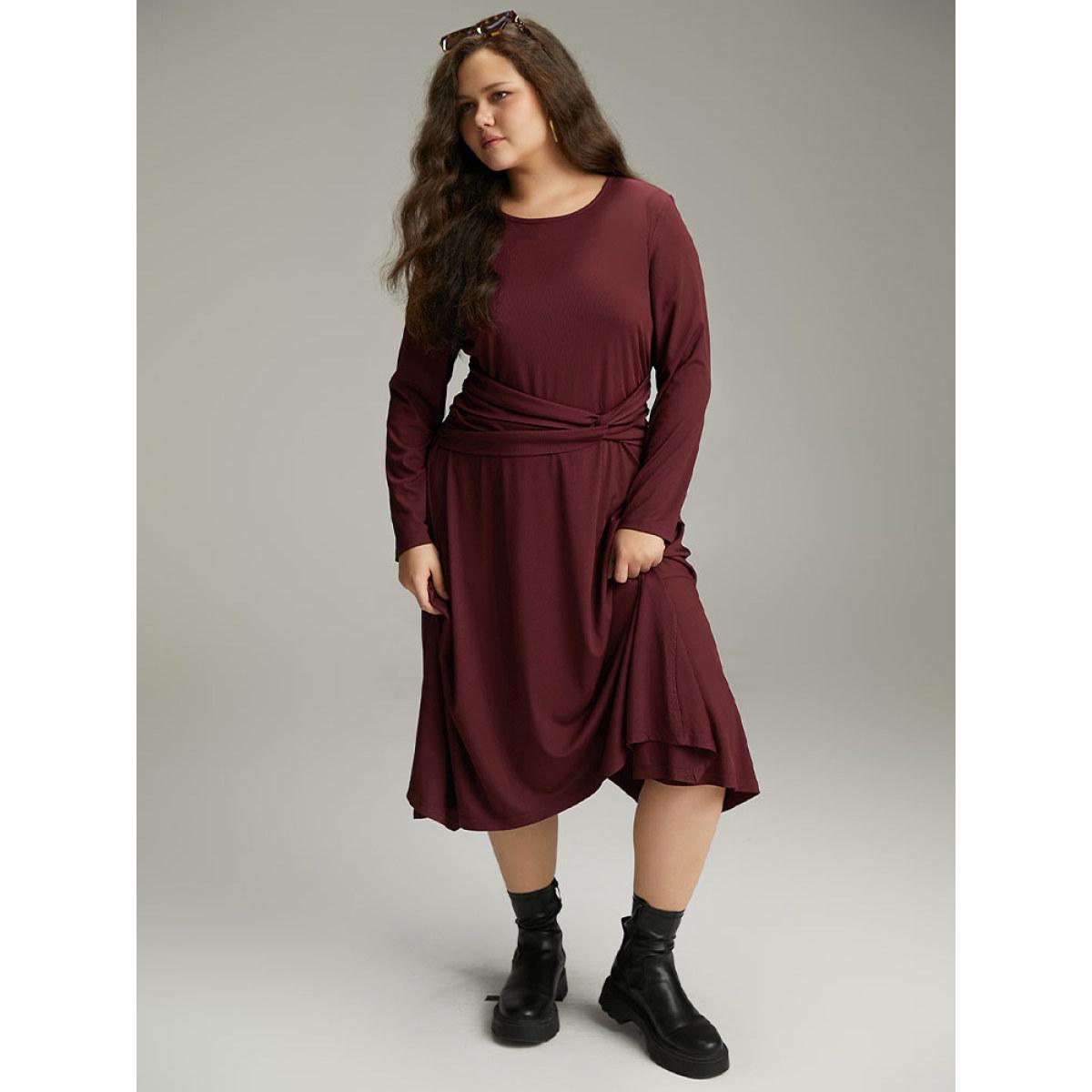Plus Size Solid Rib Knit Crew Neck Twist Front Dress Burgundy Women Casual Plain Round Neck Long Sleeve Curvy Midi Dress BloomChic 22-24/3X Product Image