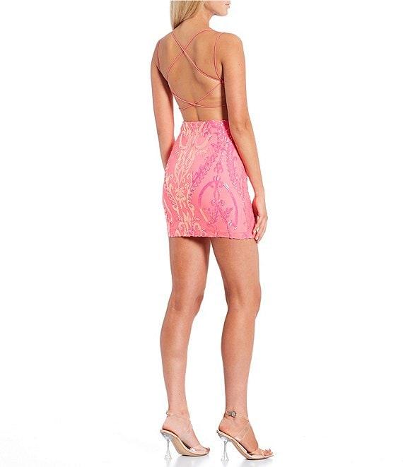 B. Darlin Pattern Sequin V-Neck Bungee Strap Bodycon Dress Product Image