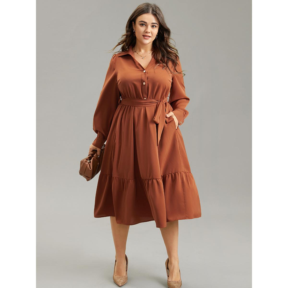 Plus Size Anti-Wrinkle Patchwork Button Up Belted Dress Rust Women Office Plain Lapel Collar Long Sleeve Curvy Midi Dress BloomChic 12/L Product Image