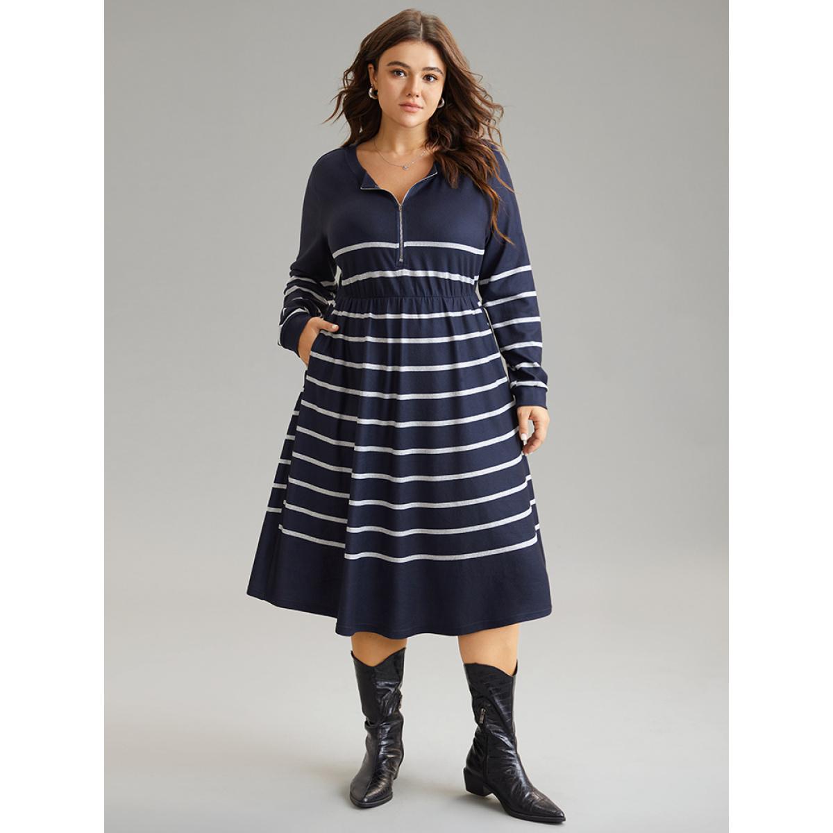Plus Size Striped Elastic Waist Pocket Zipper Dress DarkBlue Women Casual Printed Round Neck Long Sleeve Curvy Midi Dress BloomChic 22-24/3X Product Image