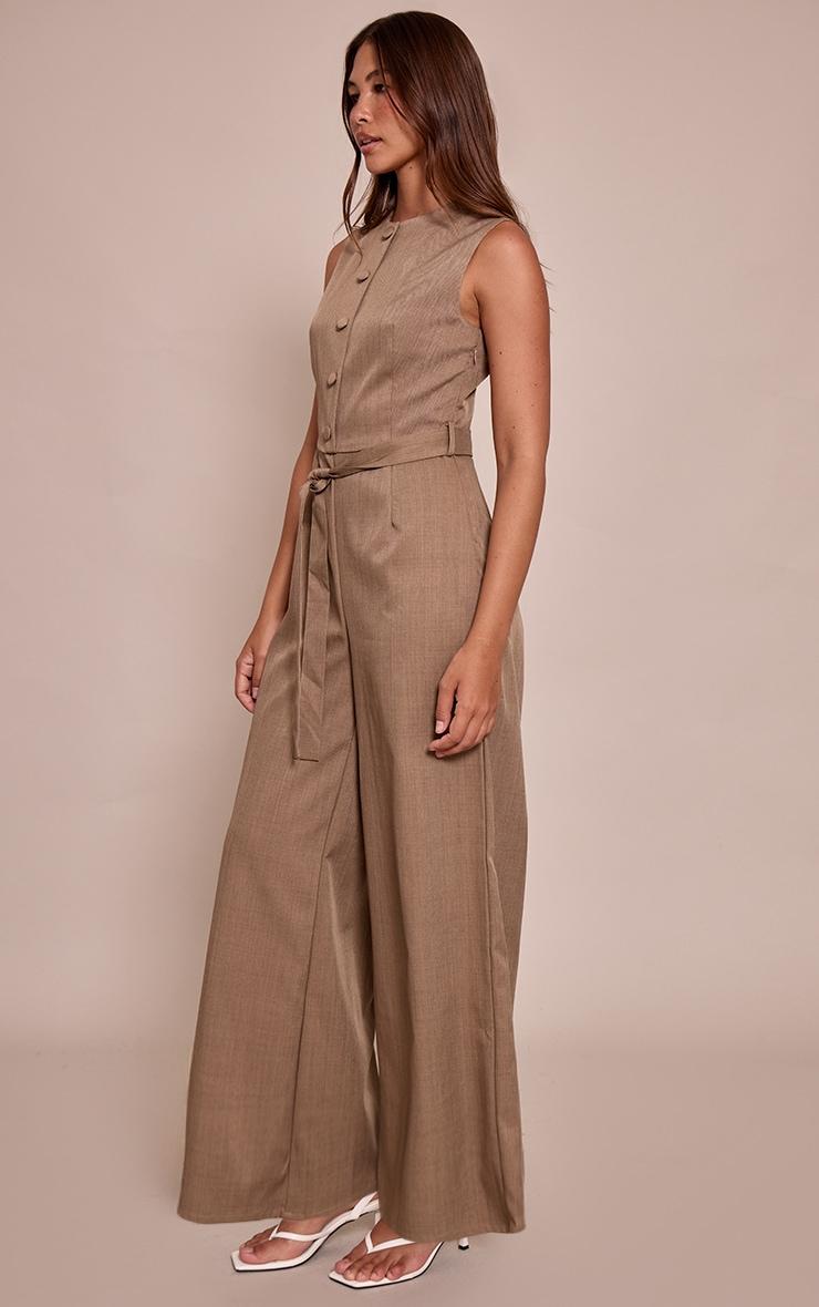 Taupe Woven Button Tie Belt Wide Leg Jumpsuit Product Image