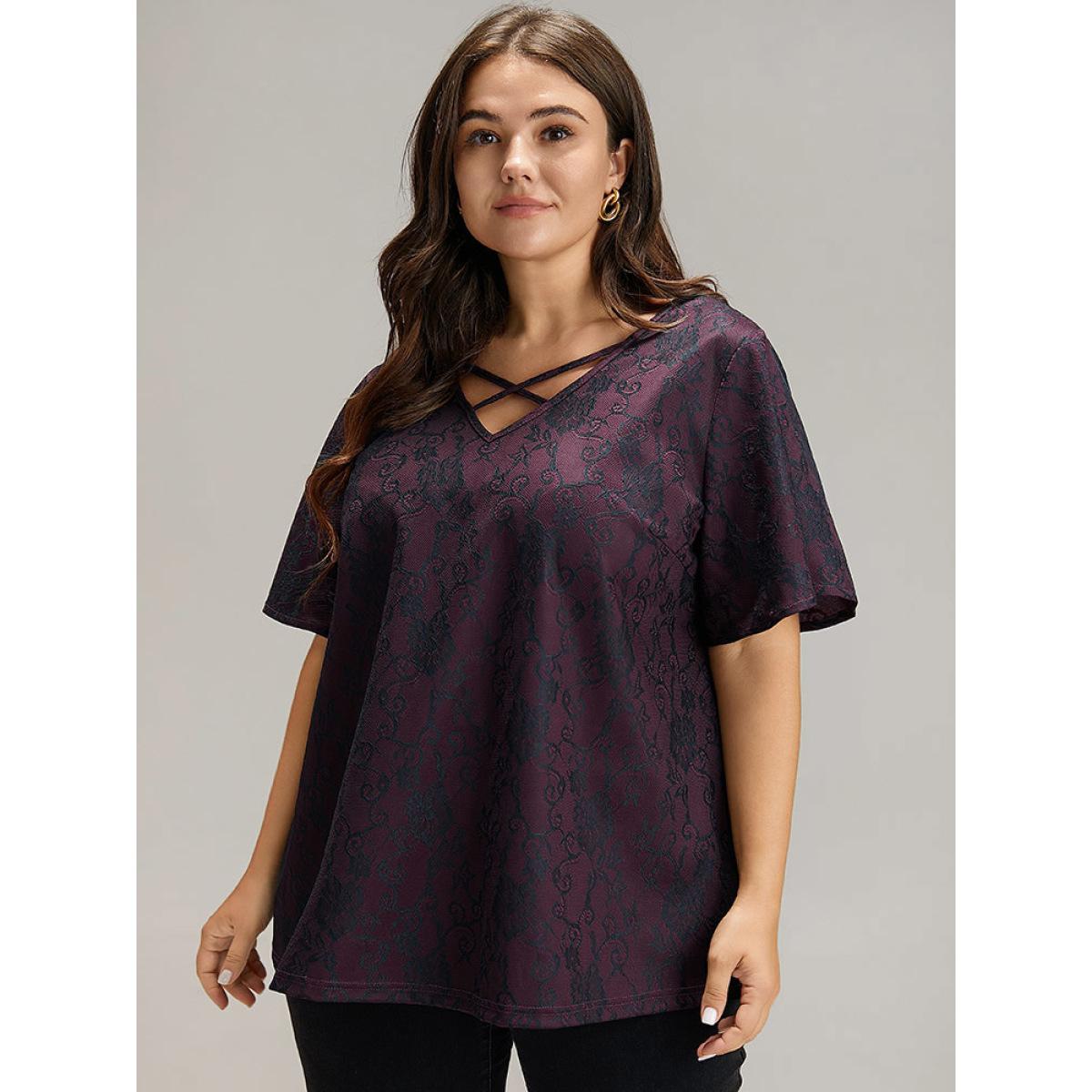 Plus Size Lace Crisscross Neck T-shirt Burgundy Women Elegant Lace Silhouette Floral Print V-neck Dailywear T-shirts BloomChic 28/5X Product Image