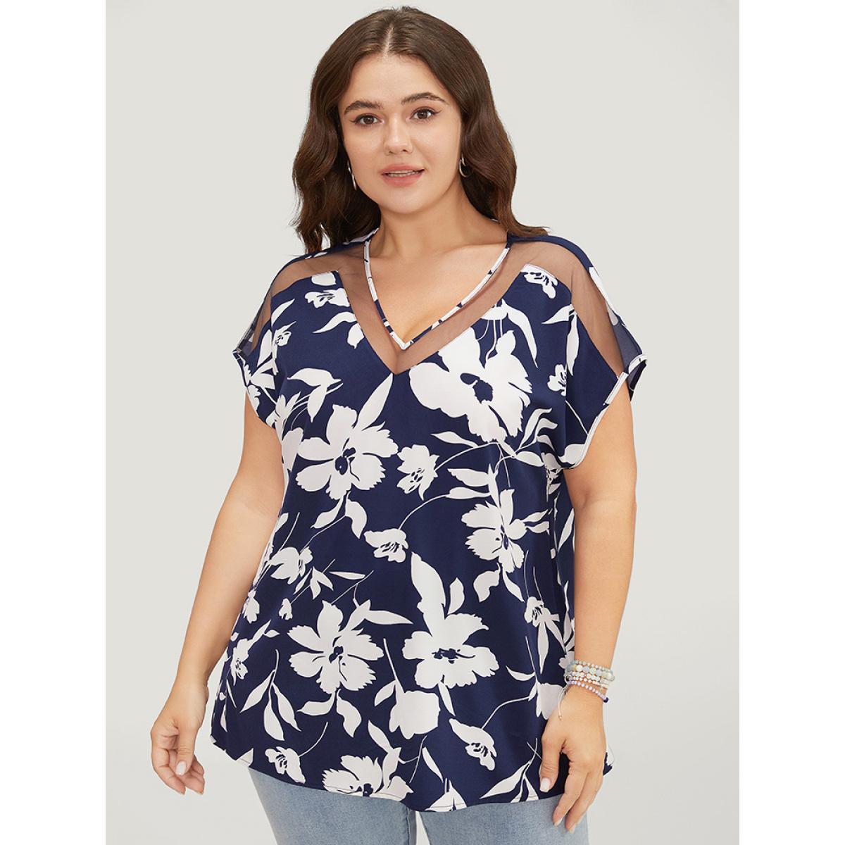Plus Size DarkBlue Floral Mesh Insert Dolman Sleeve Blouse Women Elegant Short sleeve V-neck Dailywear Blouses BloomChic 18-20/2X Product Image