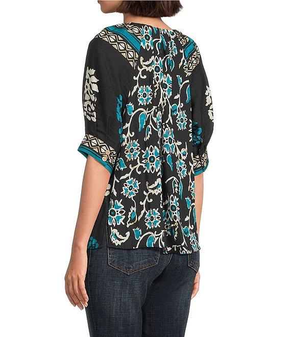 Tru Luxe Jeans Floral Border Print Split V-Neck Elbow Sleeve Top Product Image