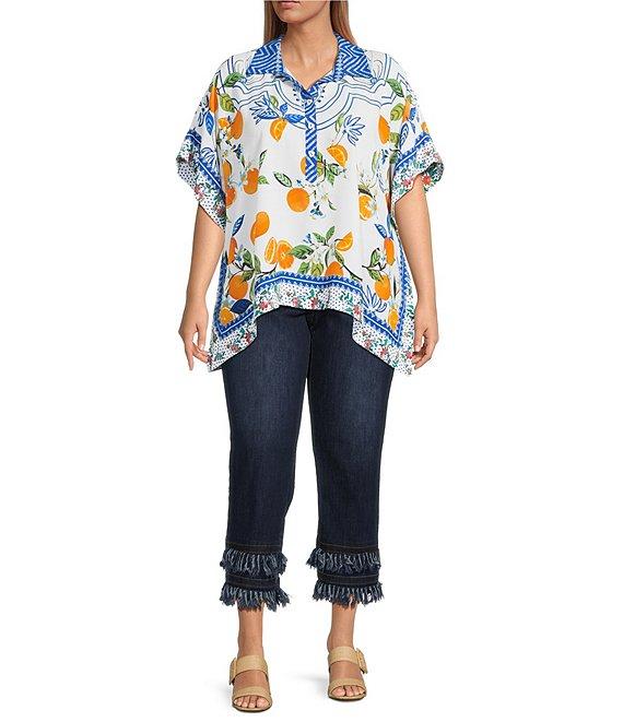 John Mark Plus Size Tropical Fruit Point Collar Short Sleeve Wide Tunic Product Image