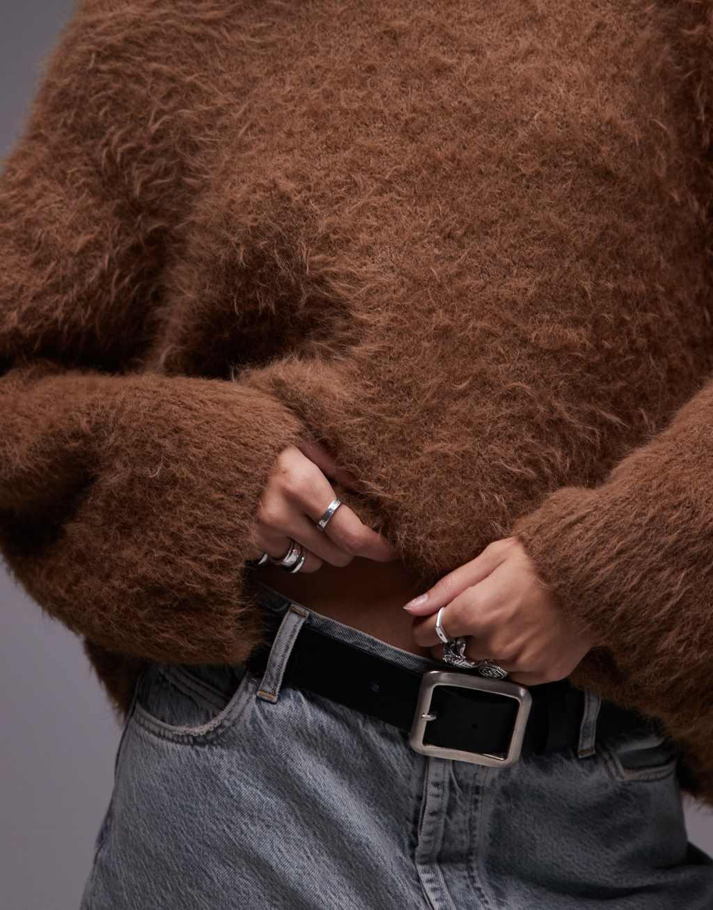 Topshop knitted ultra fluffy oversized sweater in toffee Product Image