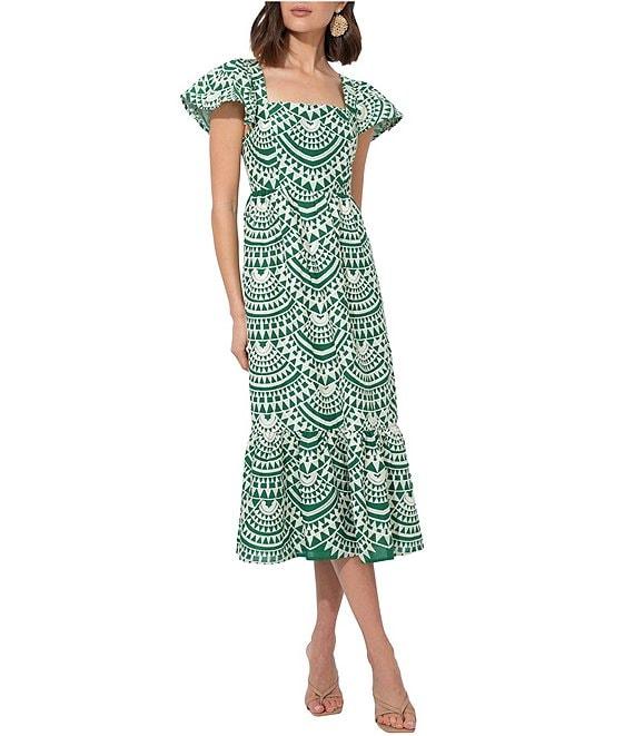 Adelyn Rae Maja Cotton Embroidered Abstract Print Square Neck Short Sleeve A-Line Midi Dress Product Image