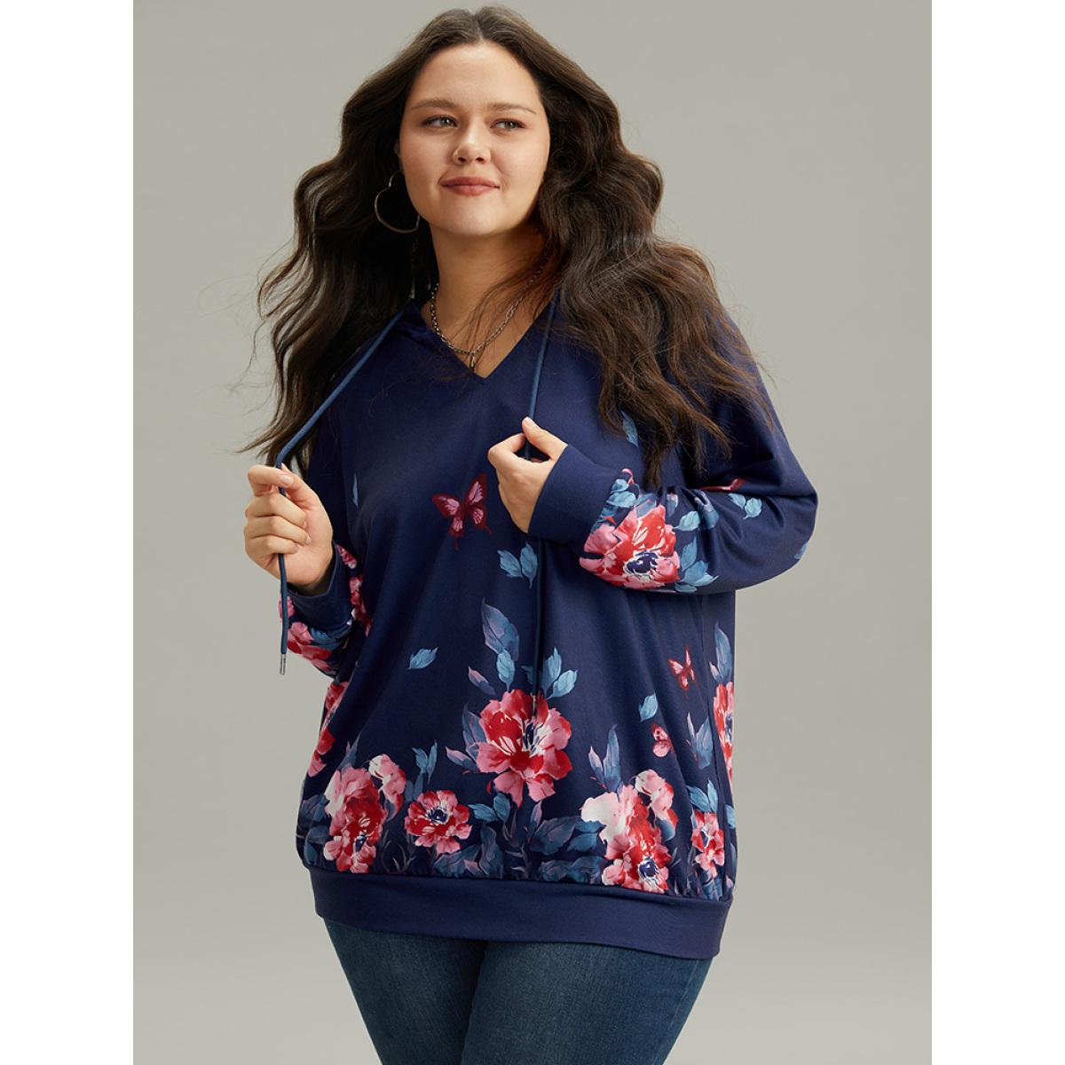 Plus Size Floral & Butterfly Print Hooded Drawstring Sweatshirt Women Multicolor Casual Printed Hooded Dailywear Sweatshirts BloomChic 12/L Product Image