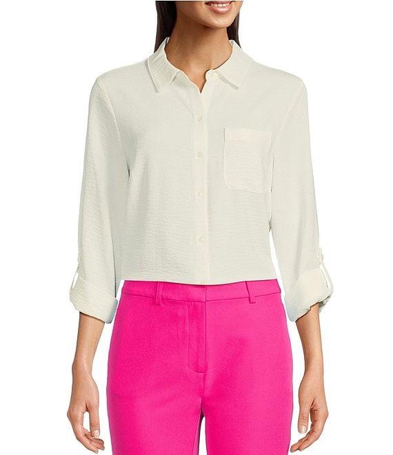 DKNY by Donna Karan Collared Neckline Long Roll Tab Sleeve Button Down Shirt Product Image