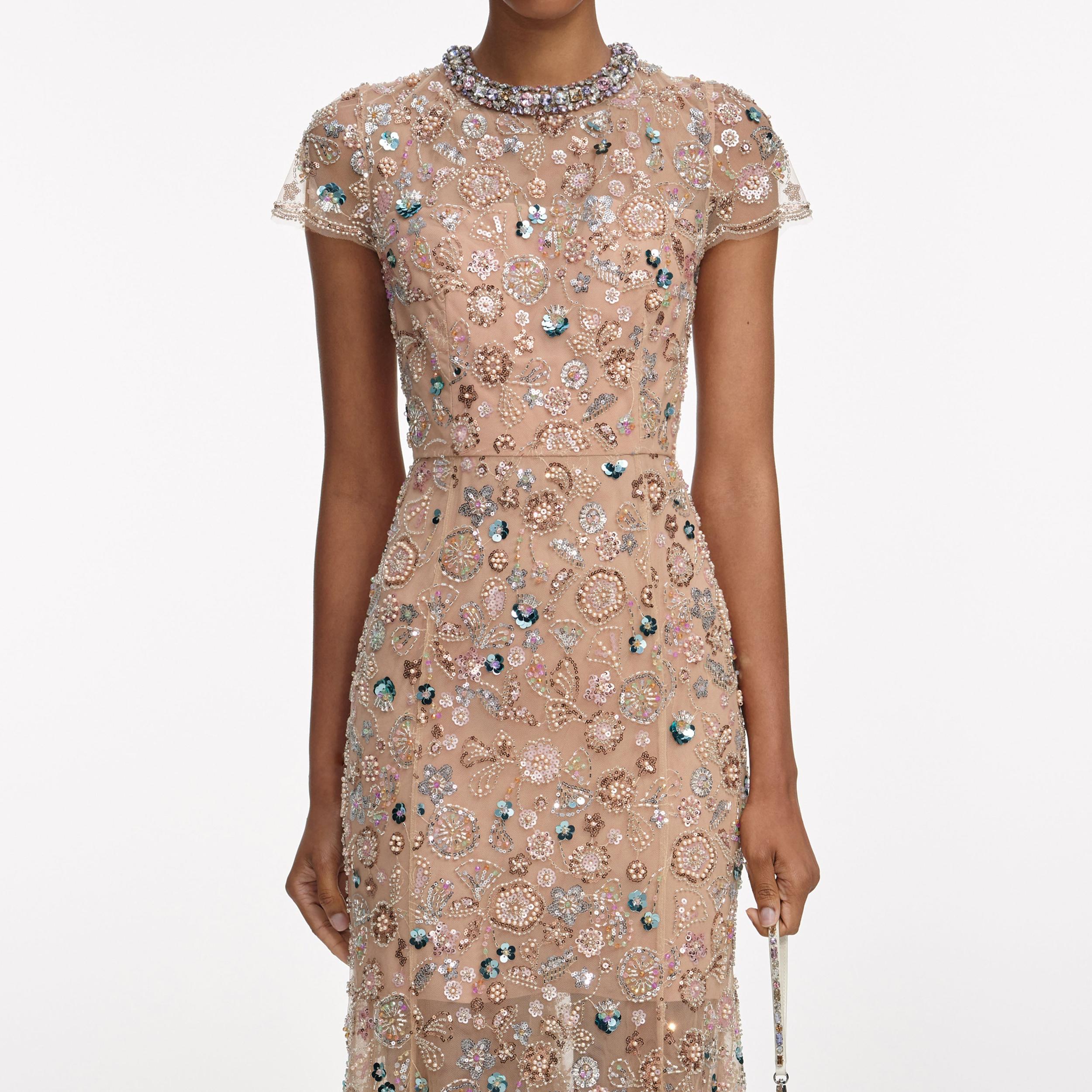 Champagne Sequin Embroidered Midi Dress Product Image