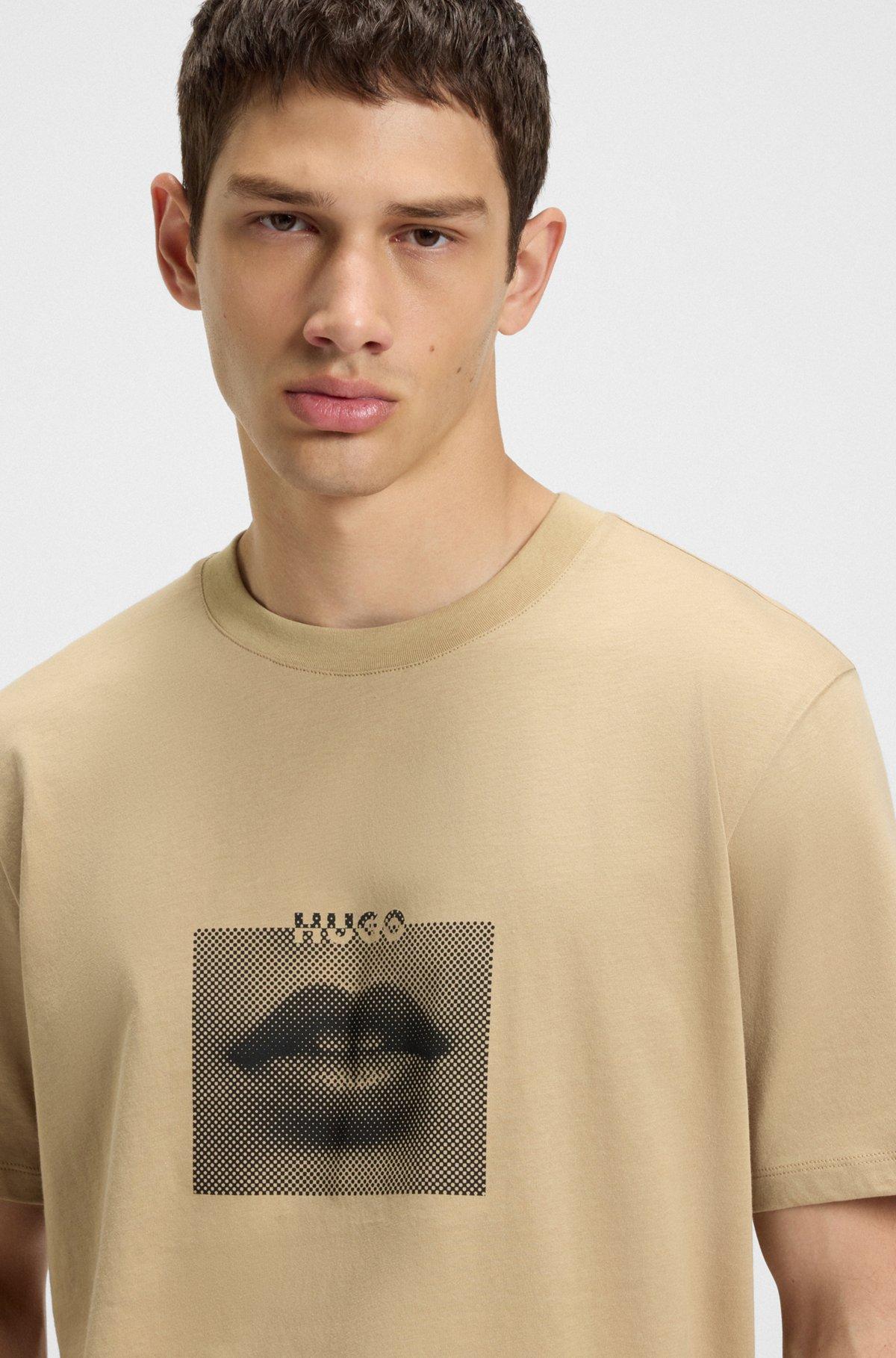 HUGO - Cotton-jersey T-shirt with lip artwork - Beige Product Image