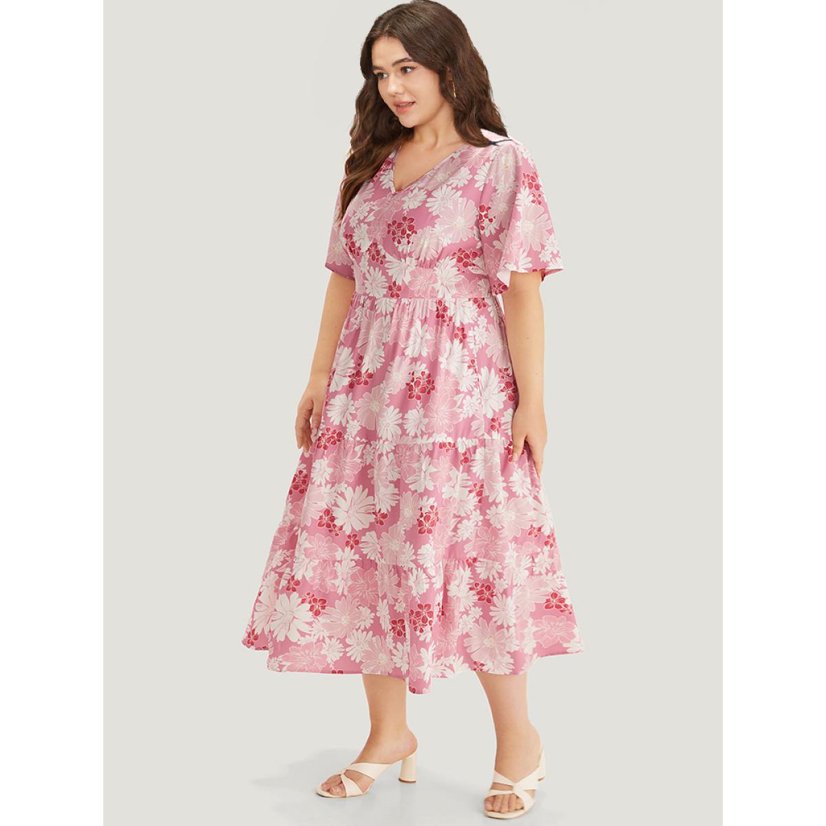 Plus Size Floral Print Pocket V Neck Patchwork Dress Pink Women Elegant Printed V-neck Short sleeve Curvy Midi Dress BloomChic 28/5X Product Image