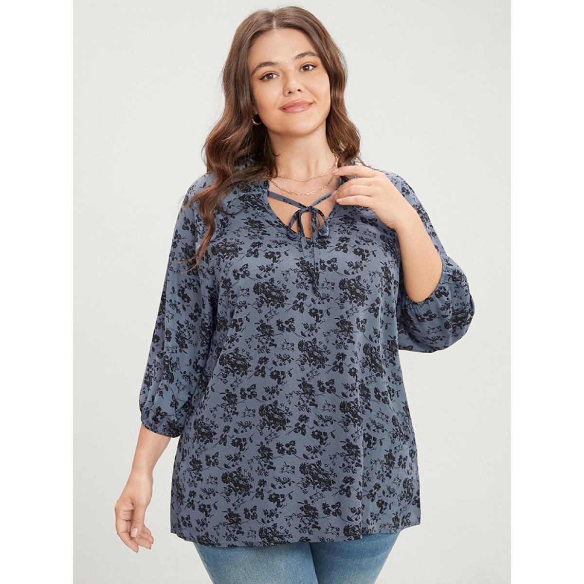Plus Size Stone Floral Print Lantern Sleeve Tie V Neck Blouse Women Elegant Elbow-length sleeve V-neck Dailywear Blouses BloomChic 28/5X Product Image