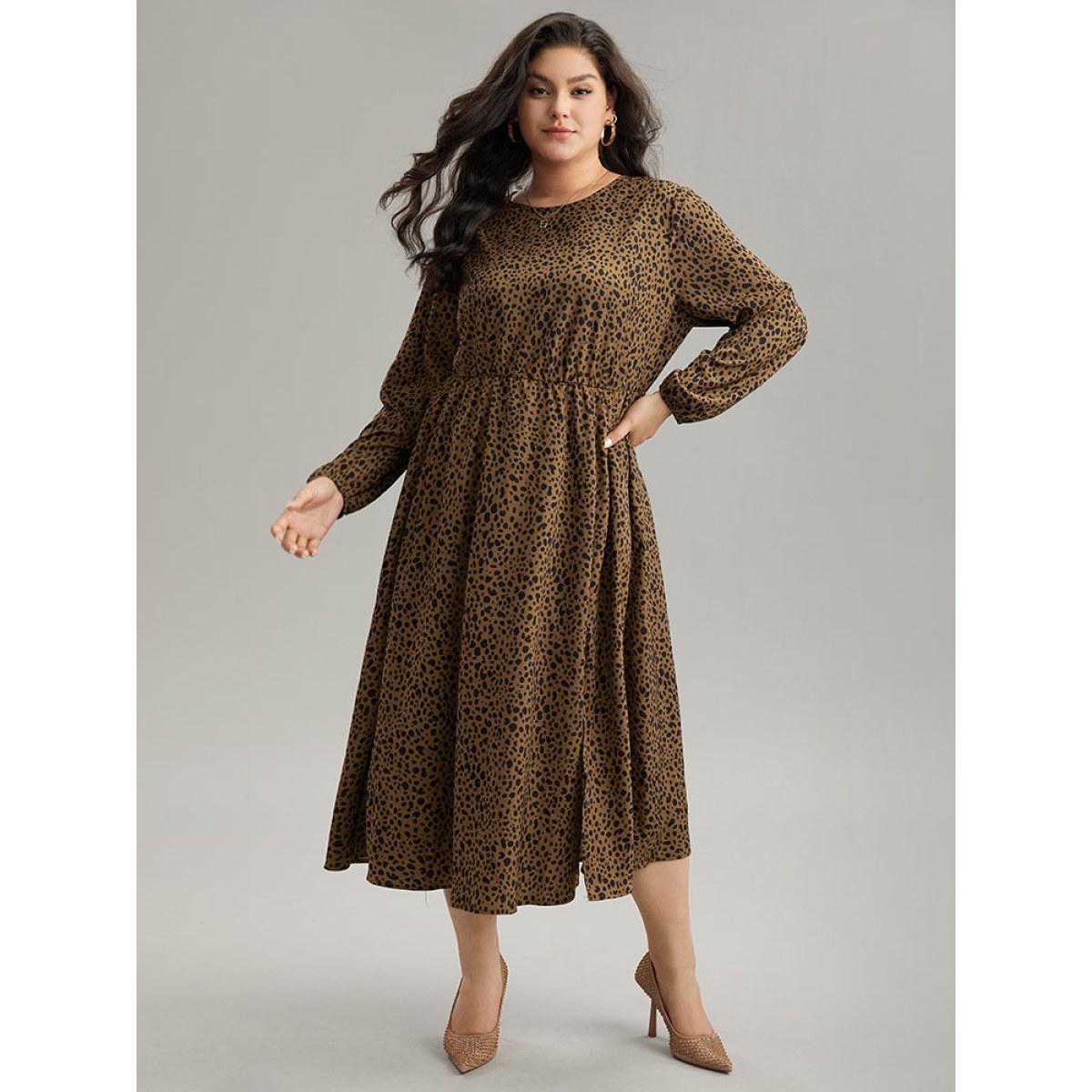 Plus Size Leopard Print Pocket Split Side Keyhole Dress DarkBrown Women Elegant Elastic cuffs Round Neck Long Sleeve Curvy Midi Dress BloomChic 22-24/3X Product Image