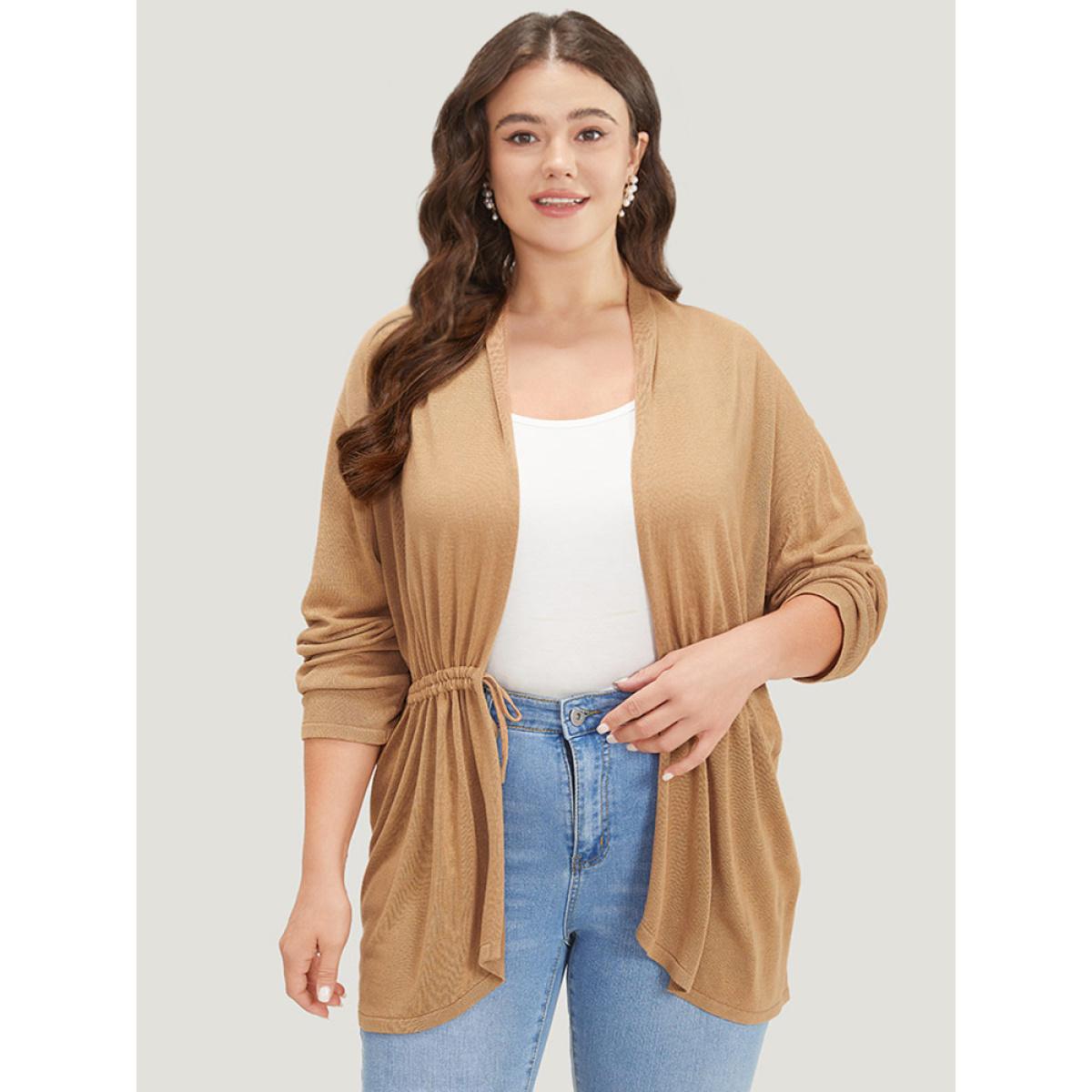 Plus Size Plain Drawstring Bowknot Front Drop Shoulder Cardigan Tan Women Casual Loose Long Sleeve Everyday Cardigans BloomChic 18-20/2X Product Image