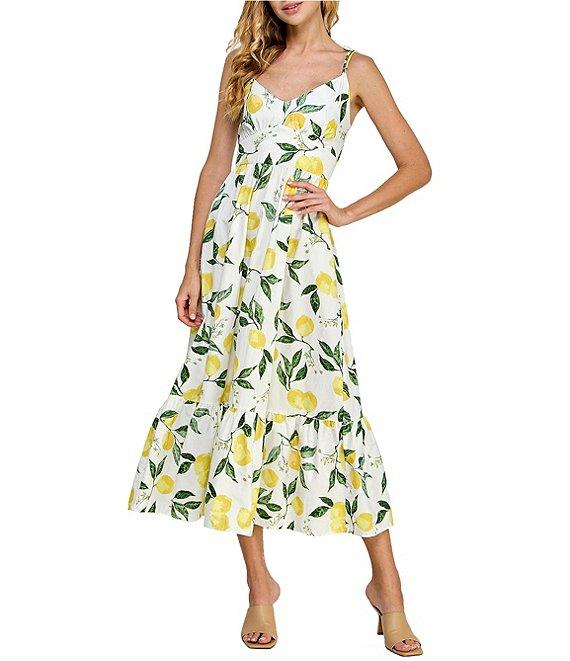 Layered With Love V-Neck Tie Shoulder Lemon Fruit Printed Poplin A-Line Midi Dress Product Image