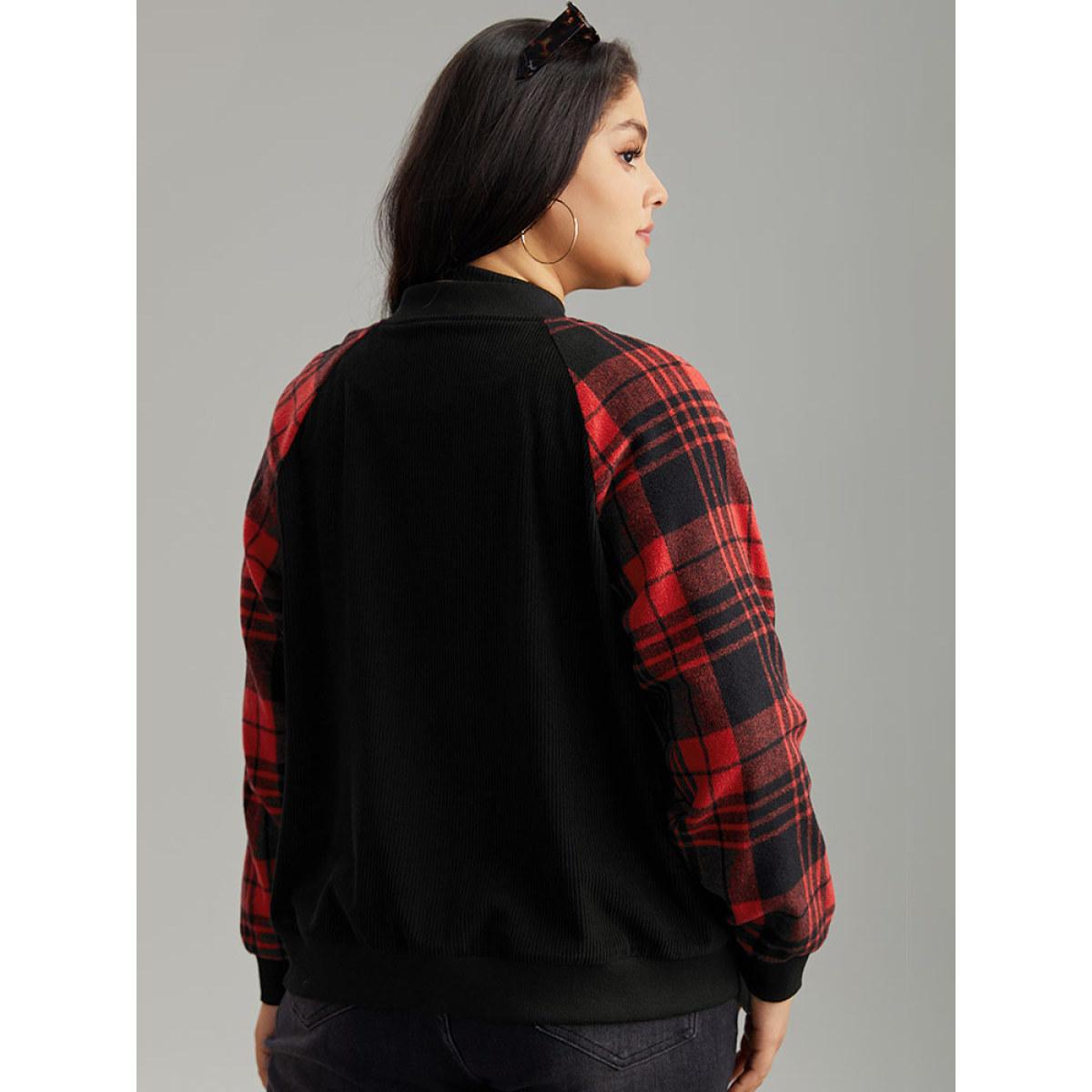 Plus Size Plaid Patchwork Zipper Pocket Bomber Jacket Women Black Elastic cuffs Pocket Dailywear Jackets BloomChic 30/6X Product Image